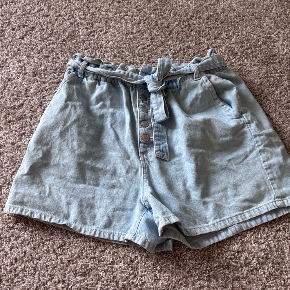 LOFT Light Wash Paperbag Waist Denim Shorts Blue Button Fly Tie Belt Large
